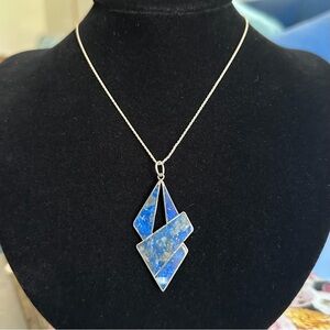 Vintage Modernist Sterling Silver Lapis Lazuli Geometric Pendant Necklace 950